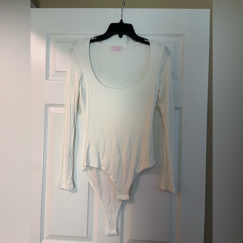 Pink Lily White Long Sleeve Scoop Neck Bodysuit